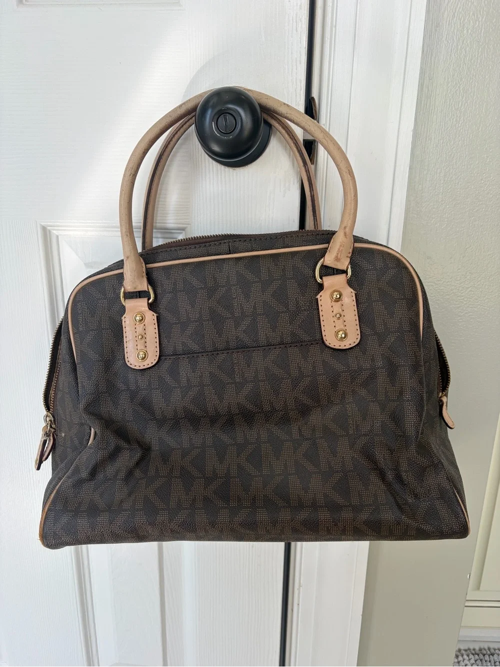 Michael Kors Dark Brown MK Logo Dome Satchel with Light Tan Trim